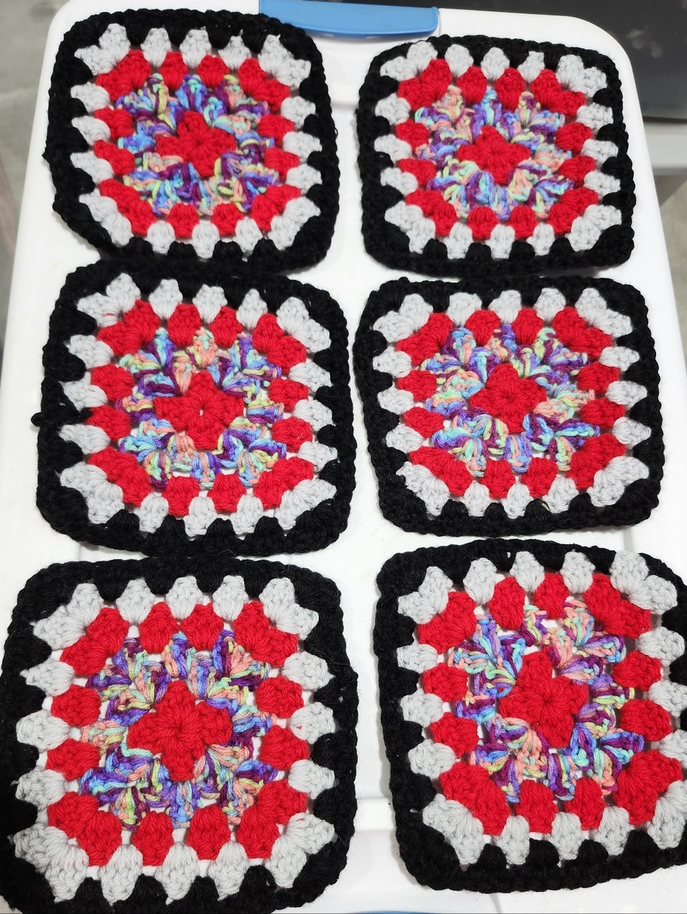 Handmade Red & Multicolor Crochet Granny Squares - Set of 6 #17